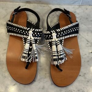 Vince Camuto Black and White Tassel Woven Thong Sandals